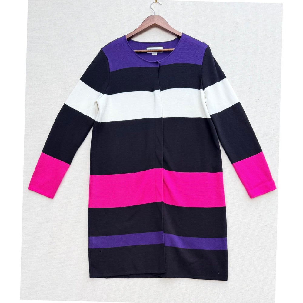 Calvin Klein Womens Longline Zip Front Striped Cardigan Sweater Purple Pink L